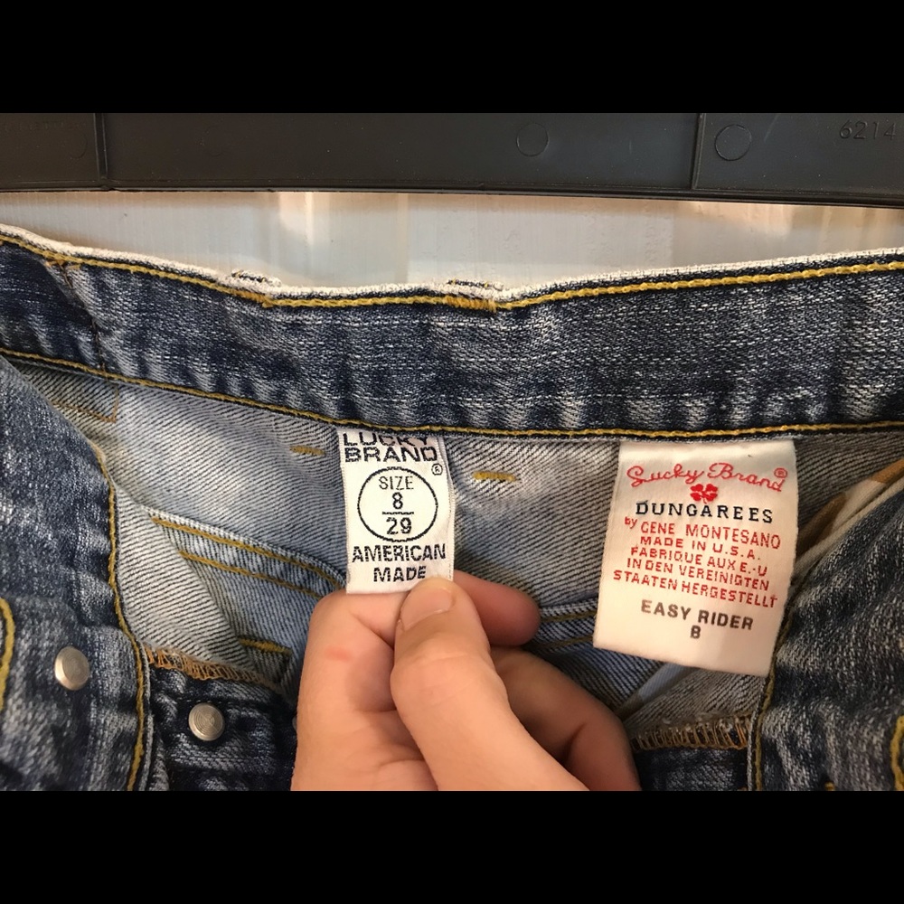 Women’s lucky brand easy rider dungaree jeans.